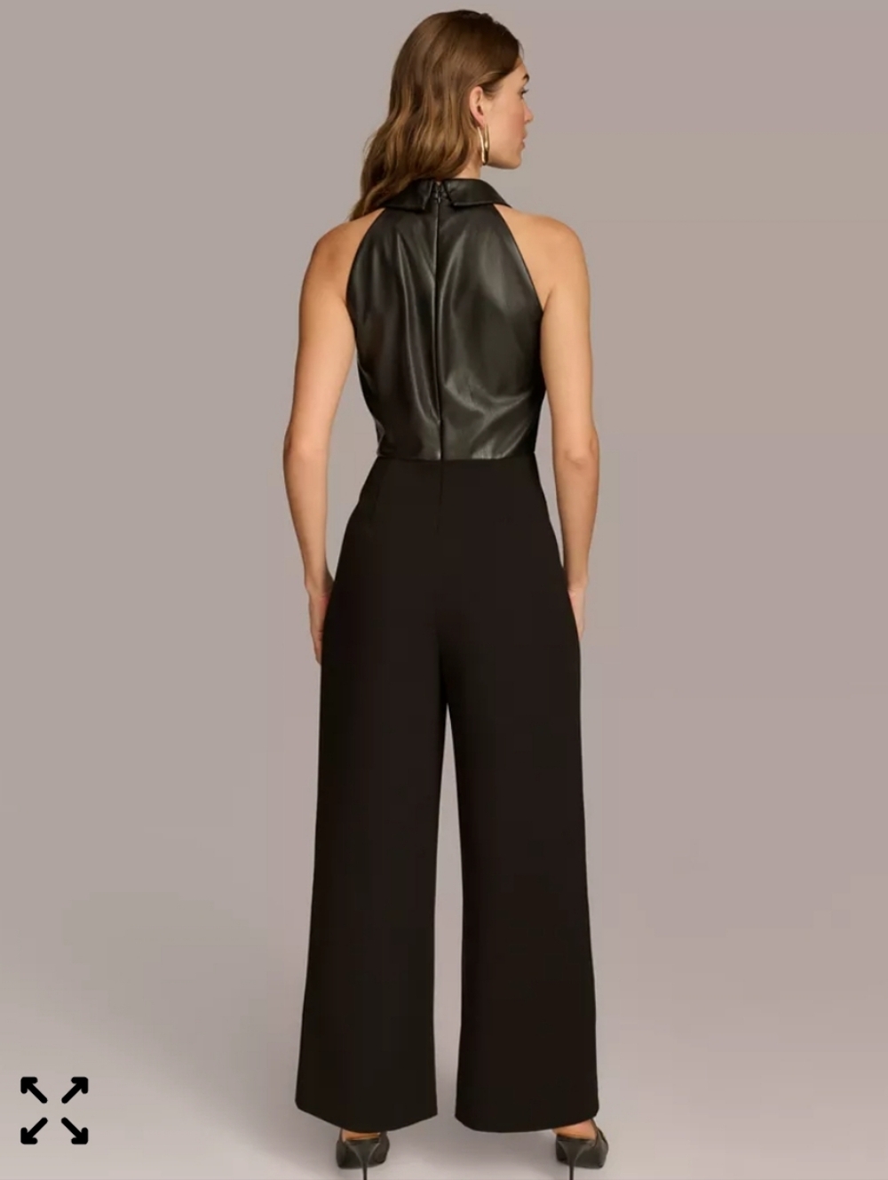 Donna Karan New York Black Faux Leather Wide Leg Jumpsuit Size 2 Halter Neck - Picture 2 of 14